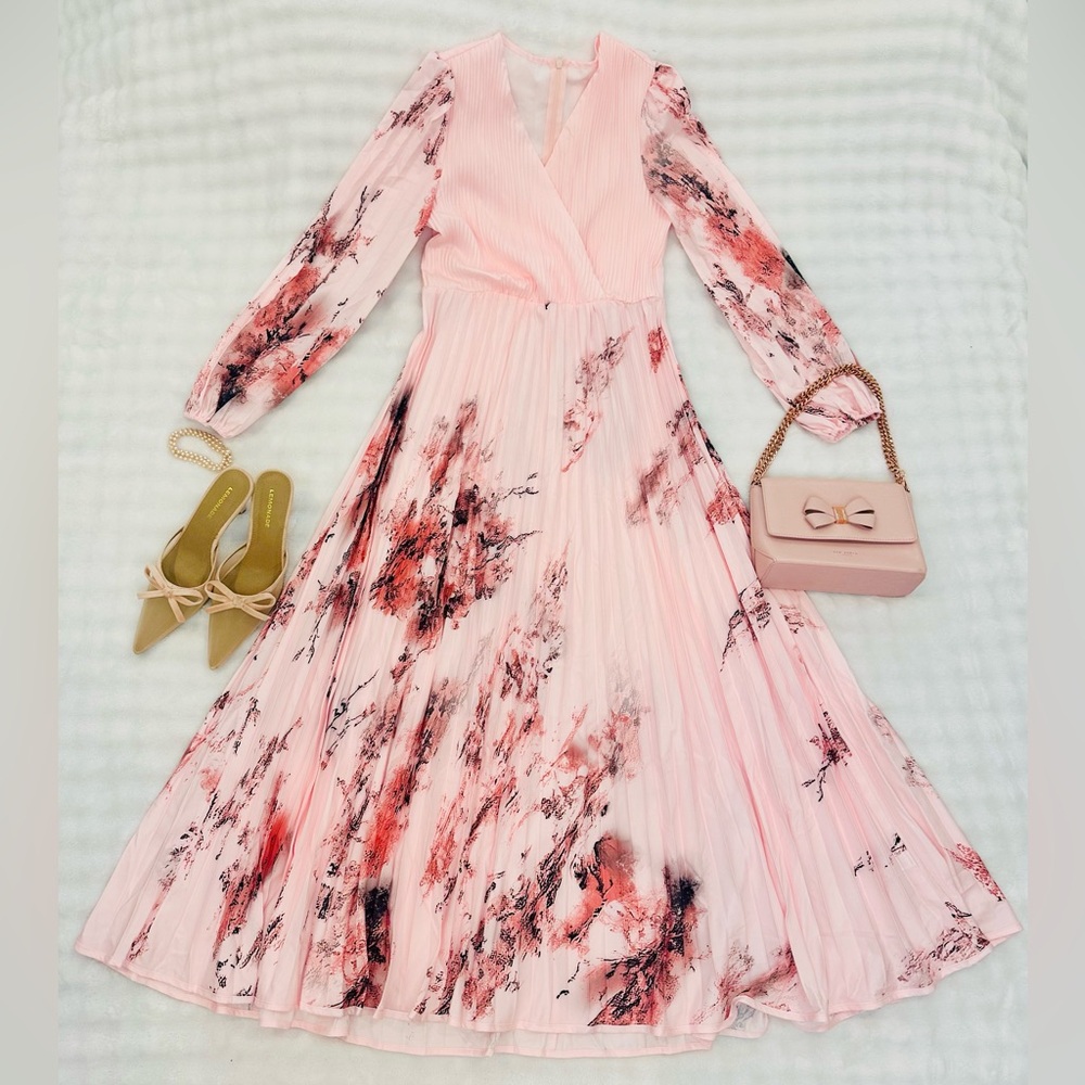 Women’s Pink Floral Pleated Midi Dress